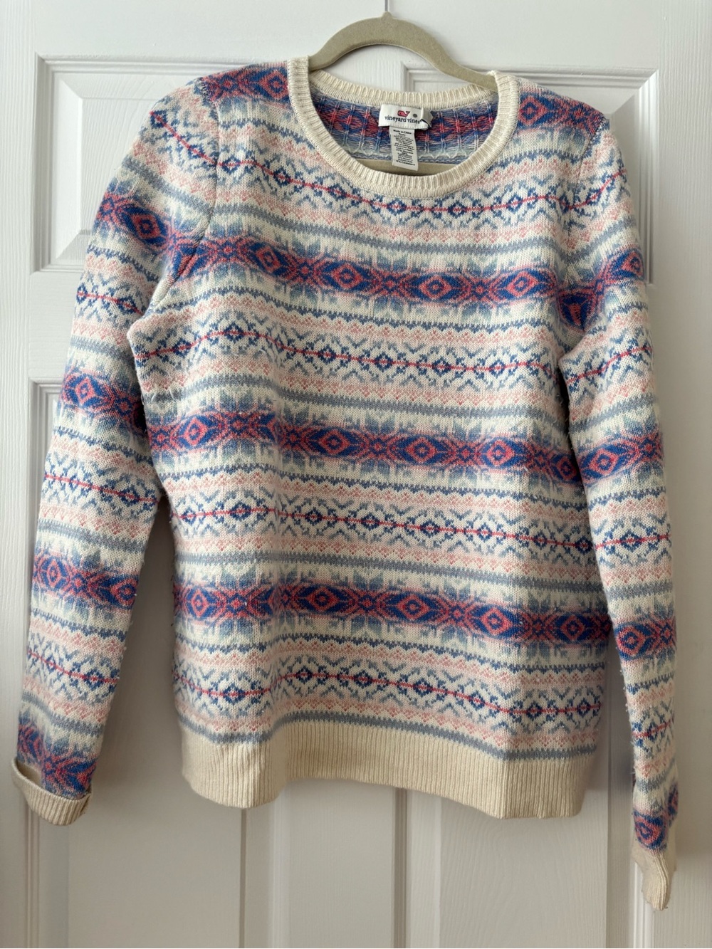 Vineyard Vines Cream Crewneck Sweater with Pink and Blue Fair Isle